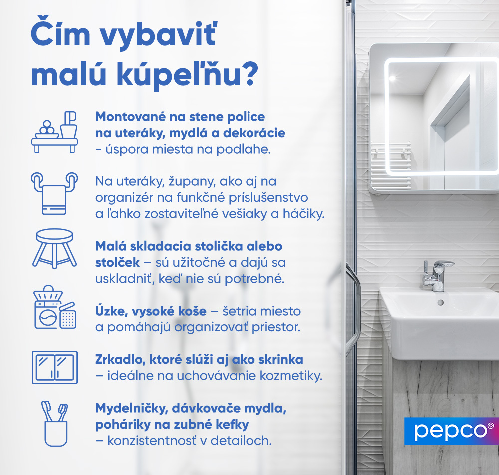Infografika spoločnosti Pepco o výbere dekorácií a doplnkov do malej kúpeľne