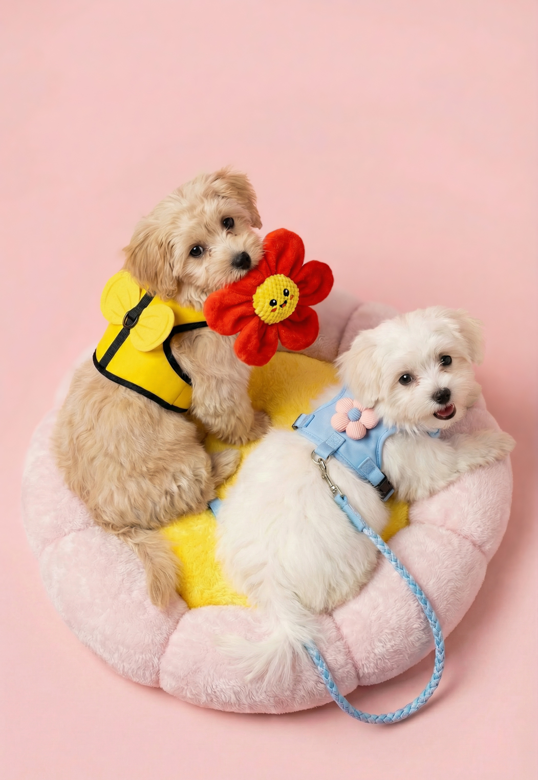 Pes drží farebnú hračku.